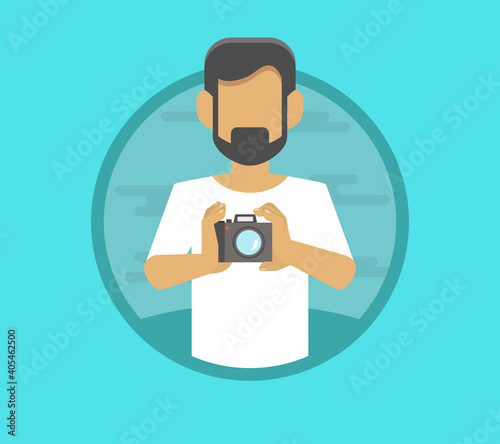 Vector cartoon illustration of guy taking selfi. Cheery handsome man taking a self photo. Young people using mobile phone for selfi publishing in social networks. Cartoon adult with selfie photograph