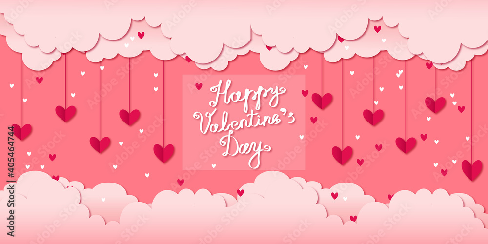 background in paper style hearts and clouds, happy valentines day