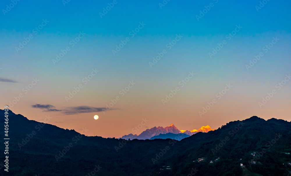 Full moon and Mt. Kanchenjunga