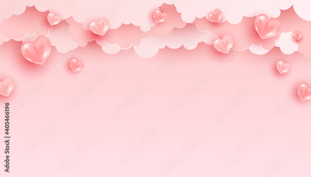 Valentines Day banner with heart shaped balloonson a minimalistic stylish background. Holiday banner, web poster, flyer, color brochure.
