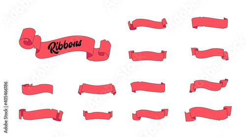 Flat vector ribbons banners isolated background. Ribbon red colored. Set ribbons or banners. Vector illustration