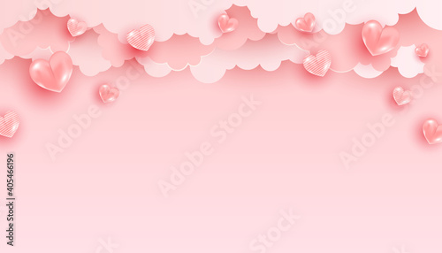 Valentines Day banner with heart shaped balloonson a minimalistic stylish background. Holiday banner, web poster, flyer, color brochure. © Shi 