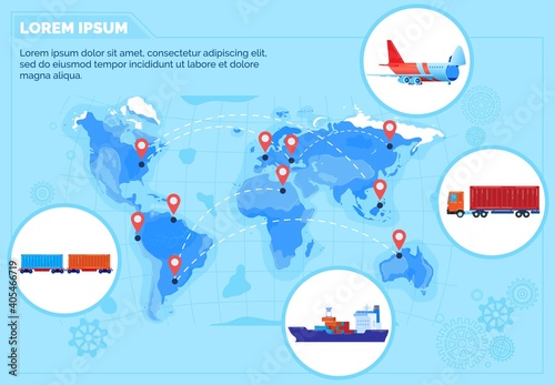 Global logistics delivery network vector illustration. Cartoon flat infographic worldwide shipping management map with different transport for cargo shipment, train truck shop or plane transportation