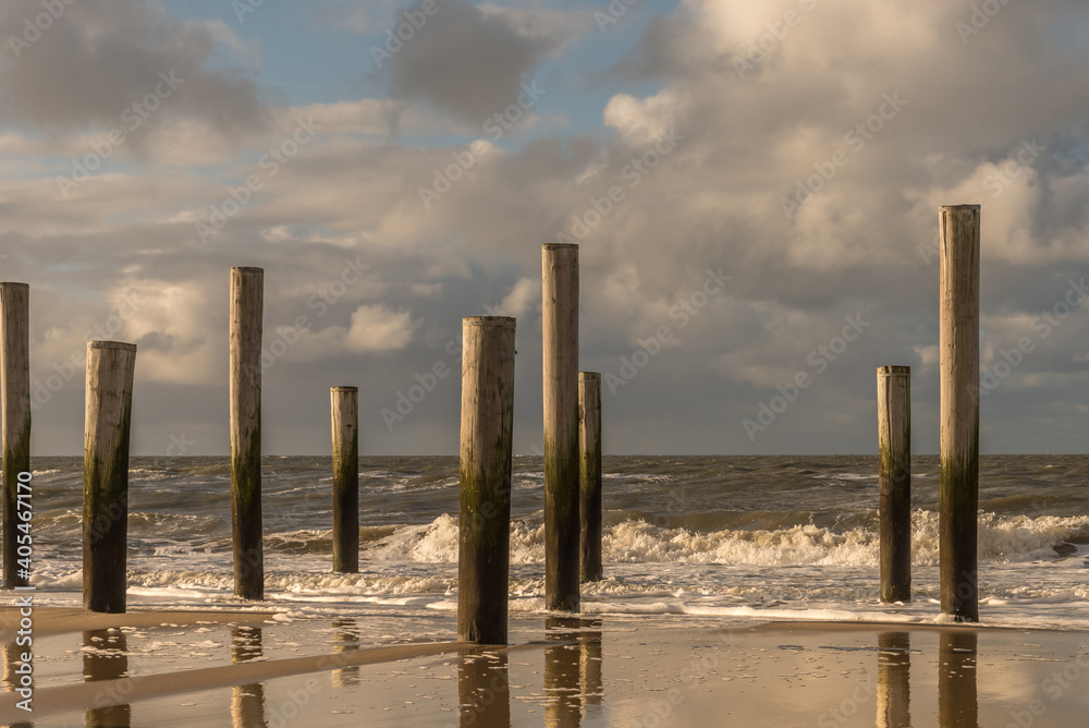 Woodenpoles at the beach near Petten aan Zee, Holland.