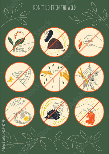 A pre-made poster about rules of conduct in the wild in a minimalistic style. Vector illustration.