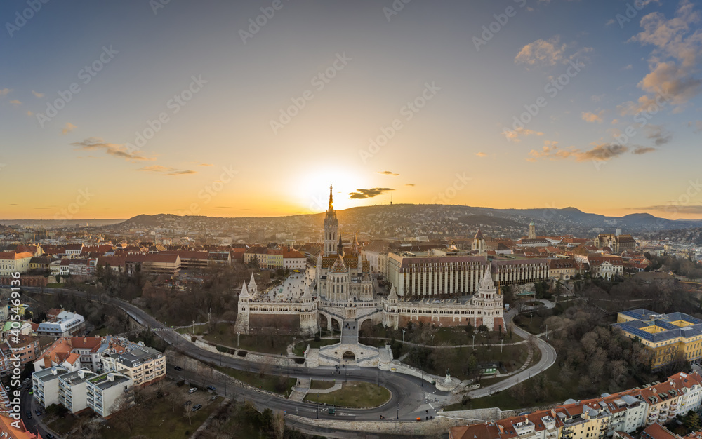 Aerial drone shot of Fisherman's Bastion on Buda Hill in Budapest sunset