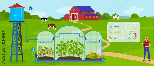 Greenhouse modern agriculture technology vector illustration. Cartoon flat agricultural landscape with green farmland field, farmer character growing vegetables using smart automated glasshouse system