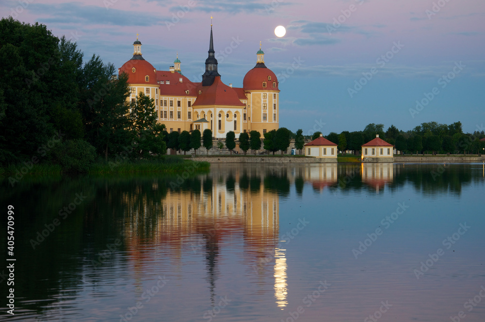 Hunting Castle Moritzburg Near Dresden With Full Moon And Reflections In The Pond