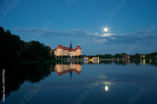 Hunting Castle Moritzburg Near Dresden With Full Moon And Reflections In The Pond