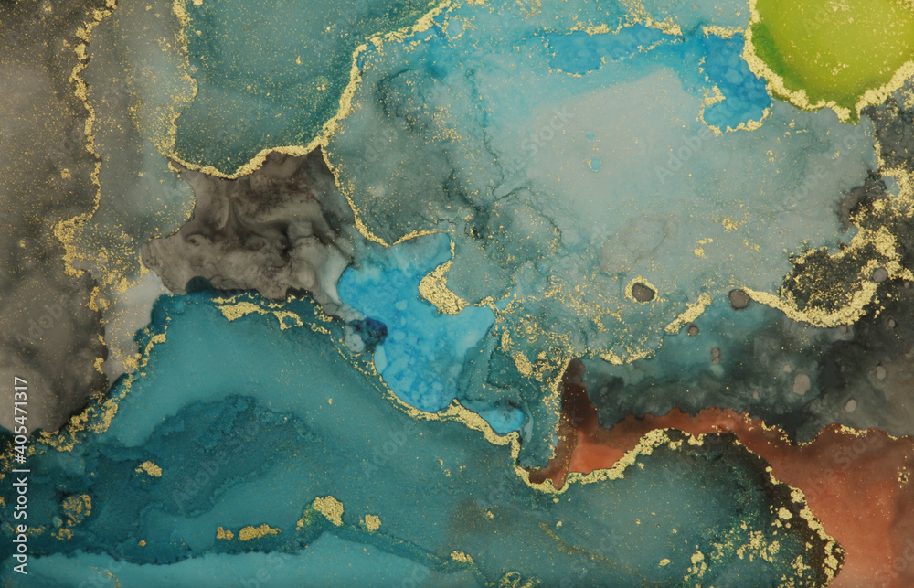 Abstract blue and gold glitter color horizontal background. Marble texture. Alcohol ink.