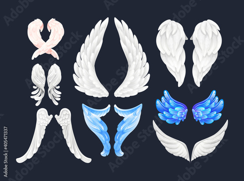 Realistic white and color wings isolated with 3D feathers on dark background vector