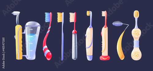 Toothbrushes mockup. Realistic plastic tooth brushes, different shapes for brushing teethwith. Personal dental hygiene, toothbrush dental electric equipment, prevention of teeth and gums