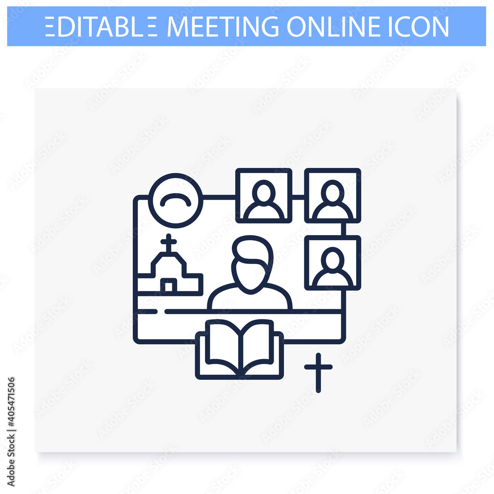 Online religious service line icon. Meeting together concept. Internet streaming website. Live, social distanced sermon. Remote public liturgy, community. Isolated vector illustration. Editable stroke Online religious service line icon. Meeting together concept. Internet streaming website. Live, social distanced sermon. Remote public liturgy, community. Isolated vector illustration. Editable stroke