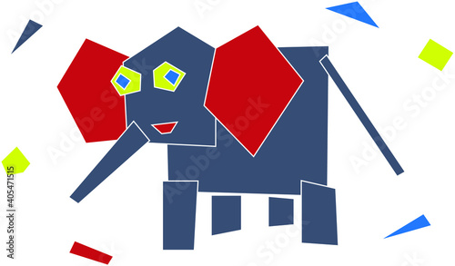 Funny geometric elephant in the children's applique style. Restricted color palette, vector illustration.