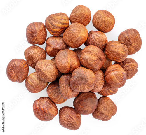 Hazelnuts  isolated on white background. Hazelnut macro. Top view