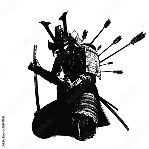 The black silhouette of a samurai wounded by arrows, he leans on his katana, in the last moment of his life looks at the white magic sakura flower in his hand. 2d illustration.