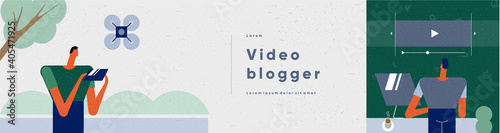 Video blogger, video editing. People and technology in the modern world. Vector illustration. Web size and cover. Minimalistic style for animation and presentations.