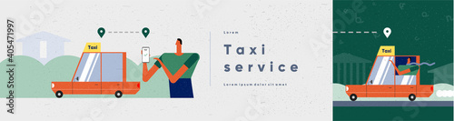 Taxi service, get a taxi. People and technology in the modern world. Vector illustration. Web size and cover. Minimalistic style for animation and presentations.