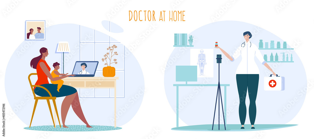 Telemedicine doctor consultation vector illustration. Cartoon flat mother with child patient consulting with doctor online, using computer medical app. Healthcare medicine service isolated on white.