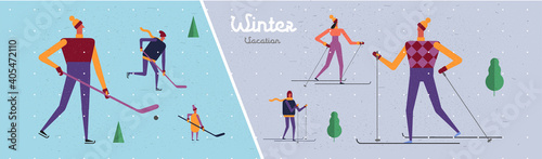 Family and vacation. Set of illustrations, family vacation, family spending time together, lunch, picnic, vacation and active activities.