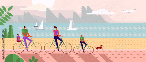 Family and vacation. Wide, panoramic illustration. Nature and family vacation in the country. A family ride bicycles along the promenade along the beach.