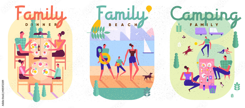 Family and vacation. Set of illustrations, family vacation, family spending time together, lunch, picnic, vacation and active activities. Family and vacation. Set of illustrations, family vacation, family spending time together, lunch, picnic, vacation and active activities.
