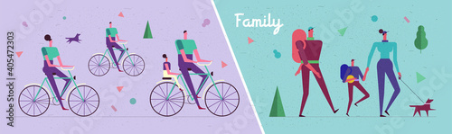 Family and vacation. Set of illustrations, family vacation, family spending time together, lunch, picnic, vacation and active activities.