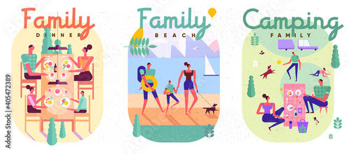 Family and vacation. Set of illustrations, family vacation, family spending time together, lunch, picnic, vacation and active activities.