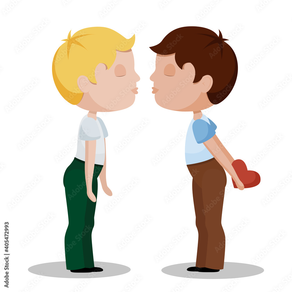 Two boys kissing. Valentine's day. Gay couple, LGBT. Cartoon flat characters illustration. Two boys kissing. Valentine's day. Gay couple, LGBT. Cartoon flat characters illustration.