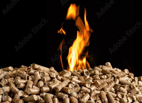 Hot burning wood chip pellets photo