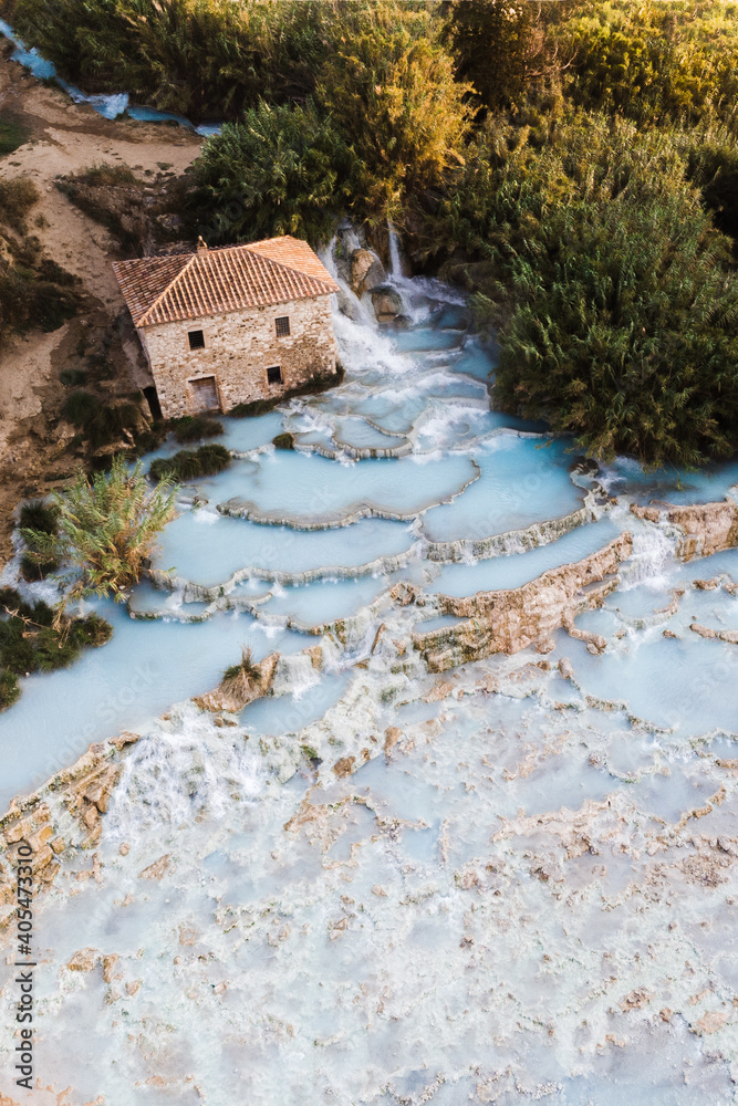 Aerial view of Saturnia thermal hot springs in Tuscany, Italy