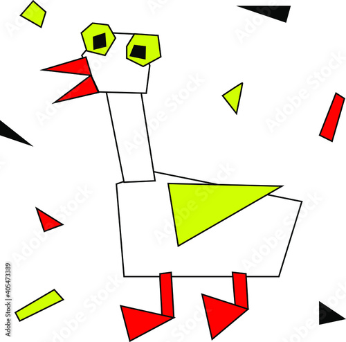 Funny geometric goose in the children's applique style. Restricted color palette, vector illustration.