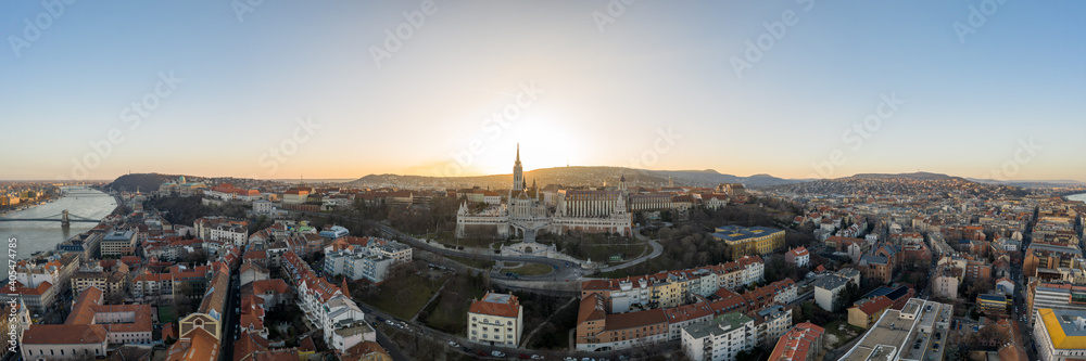 Aerial panorama drone shot of Fisherman's Bastion on Buda Hill in Budapest sunset