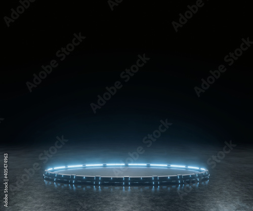 3D Rendering of glowing blue futuristic podium on abstract sci fi technology floor. Blank pedestal for product display. Background for technology product, big data, computer hardware, ai, crypto