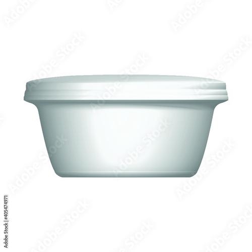 White Short Food Plastic Tub Bucket Container For Dessert, Yogurt, Ice Cream, Sour Cream Or Snack. Mock Up Template Ready For Your Design. Product Packing Vector EPS10