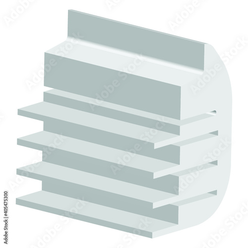 Long Blank Empty Showcase Display With Retail Shelves. Perspective View 3D. Illustration Isolated On White Background. Mock Up Template Ready For Your Design. Product Advertising. Vector EPS10