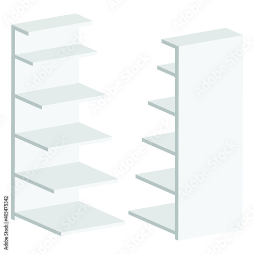 Long Blank Empty Showcase Display With Retail Shelves. Perspective View 3D. Illustration Isolated On White Background. Mock Up Template Ready For Your Design. Product Advertising. Vector EPS10