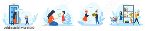 People giving flowers vector illustration set. Cartoon flat man woman shopper characters buy flowering bouquets in small floral shop to give gift, houseplant in pot or potted flowers isolated on white