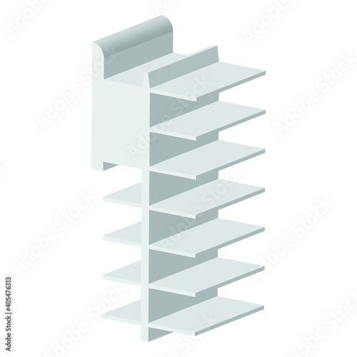 Long Blank Empty Showcase Display With Retail Shelves. Perspective View 3D. Illustration Isolated On White Background. Mock Up Template Ready For Your Design. Product Advertising. Vector EPS10