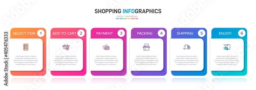 Concept of shopping process with 6 successive steps. Six colorful graphic elements. Timeline design for brochure, presentation, web site. Infographic design layout. © shendart