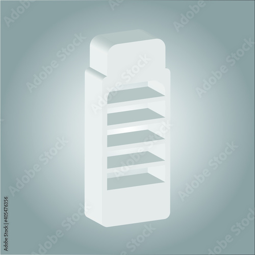Long Blank Empty Showcase Display With Retail Shelves. Perspective View 3D. Illustration Isolated On White Background. Mock Up Template Ready For Your Design. Product Advertising. Vector EPS10