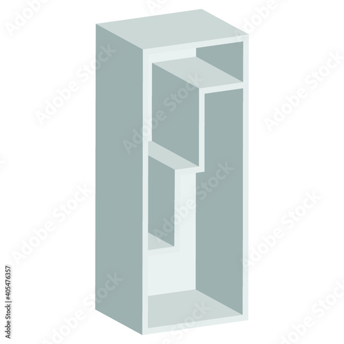 Long Blank Empty Showcase Display With Retail Shelves. Perspective View 3D. Illustration Isolated On White Background. Mock Up Template Ready For Your Design. Product Advertising. Vector EPS10