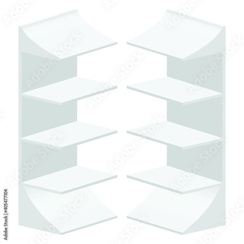 Long Blank Empty Showcase Display With Retail Shelves. Perspective View 3D. Illustration Isolated On White Background. Mock Up Template Ready For Your Design. Product Advertising. Vector EPS10