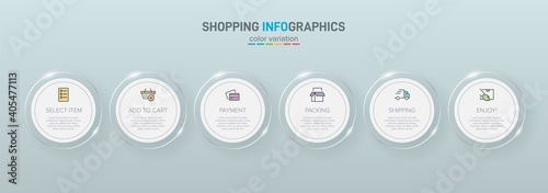Concept of shopping process with 6 successive steps. Six colorful graphic elements. Timeline design for brochure, presentation, web site. Infographic design layout.