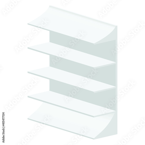 Long Blank Empty Showcase Display With Retail Shelves. Perspective View 3D. Illustration Isolated On White Background. Mock Up Template Ready For Your Design. Product Advertising. Vector EPS10
