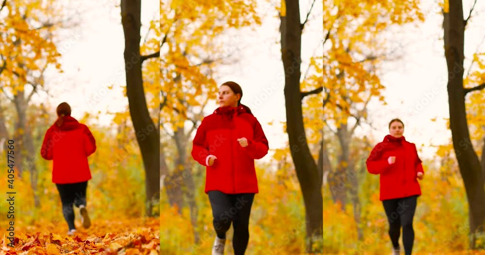 Attractive young girl in sportswear and sneakers runs in the autumn park. Beautiful autumn maple leaves view Attractive young girl in sportswear and sneakers runs in the autumn park. Beautiful autumn maple leaves view