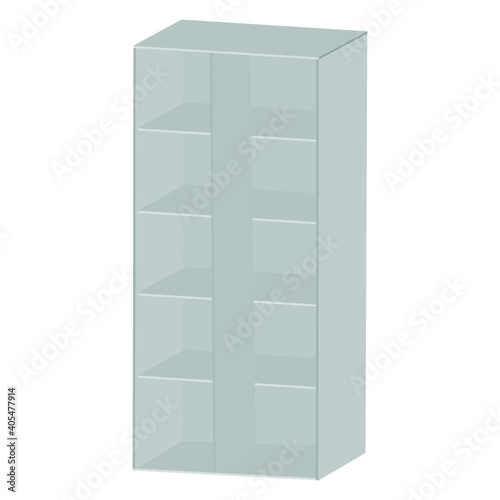 Long Blank Empty Showcase Display With Retail Shelves. Perspective View 3D. Illustration Isolated On White Background. Mock Up Template Ready For Your Design. Product Advertising. Vector EPS10