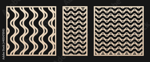 Laser cut panel set. Vector stencil with abstract geometric pattern, wavy lines, curves, stripes, horizontal and vertical. Modern swatch for laser cutting of wood, metal, panel. Aspect ratio 1:1, 1:2
