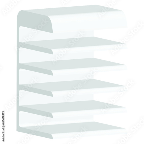 Long Blank Empty Showcase Display With Retail Shelves. Perspective View 3D. Illustration Isolated On White Background. Mock Up Template Ready For Your Design. Product Advertising. Vector EPS10
