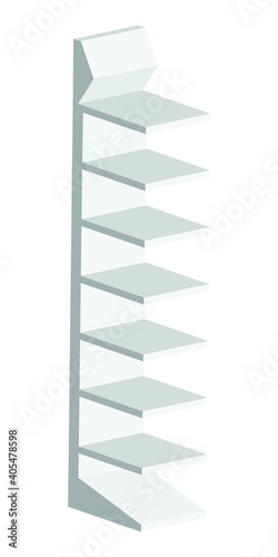 Long Blank Empty Showcase Display With Retail Shelves. Perspective View 3D. Illustration Isolated On White Background. Mock Up Template Ready For Your Design. Product Advertising. Vector EPS10